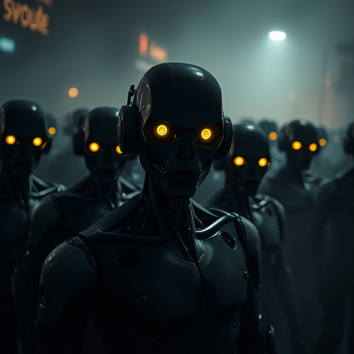 Create a dark, atmospheric image of a crowd of robotic figures with glowing eyes in a misty environment, shot with a Canon EOS R5, 50mm lens, f/1.8 aperture, ISO 200, 1/60 sec exposure, low-angle view, utilizing dramatic lighting for enhanced contrast.