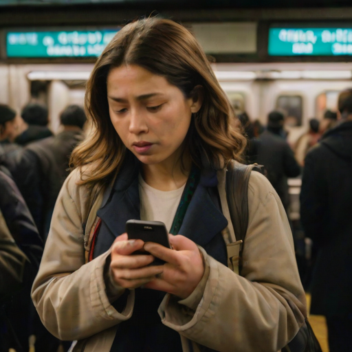Crowded subway station, the sound of trains screeching and doors closing, a woman stands in the center of the platform, her face illuminated by her phone screen as she waits for her train.