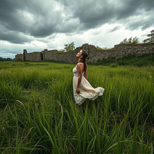 Overgrown field by a crumbling stone wall, a woman stands among the tall grass, her flowing dress catching the wind as she gazes up at the storm clouds gathering above.