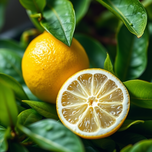 Create a high-resolution image of a fresh, ripe lemon with one half sliced open, showcasing the juicy interior, surrounded by vibrant green leaves, captured with a Canon EOS R5, 50mm lens, f/2.8 aperture, ISO 100, natural lighting, and a soft-focus background to enhance the foreground.
