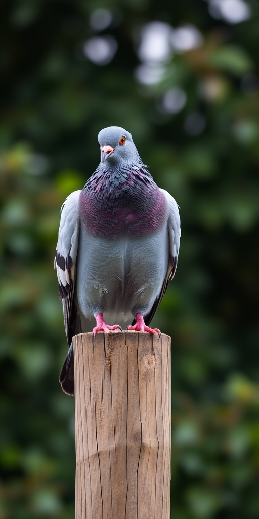 A detailed close-up of a pigeon perched on a wooden post, captured with a DSLR camera, 50mm lens, aperture f/2.8, ISO 200, natural lighting, and a shallow depth of field to blur the background foliage.
