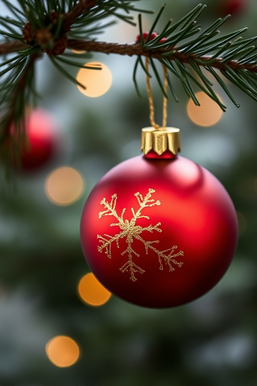 a close-up shot of a red Christmas ornament with gold snowflake designs hanging from a pine tree branch, shallow depth of field, soft bokeh background, taken with a Canon EOS R5, 50mm lens, aperture f/1.8, ISO 200, natural lighting