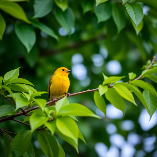 Capture a vibrant yellow bird perched on a branch surrounded by lush green leaves, use a 50mm lens, set aperture to f/2.8 for shallow depth of field, ISO 200 for optimal light, and shoot from a low angle for a unique perspective, utilizing a DSLR camera to enhance image quality.