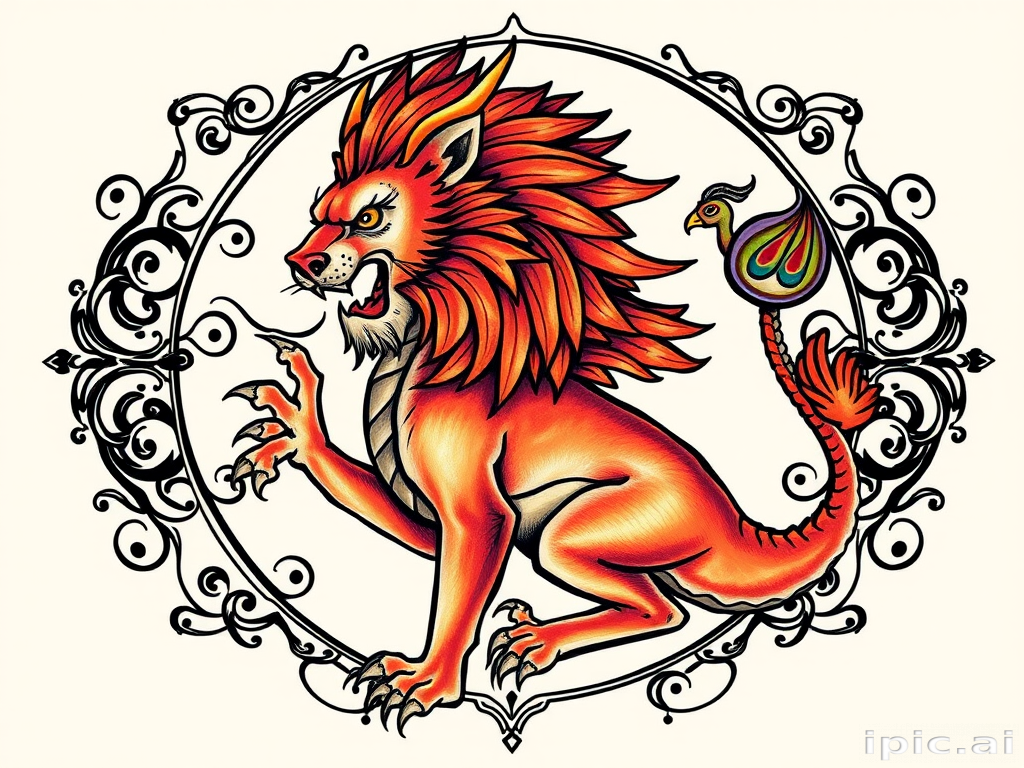 Striking neo-traditional tattoo named "Mythic Menagerie" depicting a fantastical creature with the head of a lion, body of a dragon, and tail of a peacock, rendered in bold, saturated colors and clean, crisp lines. The design incorporates elements of Art Nouveau and classic Americana tattoo styles, featuring ornate filigree patterns and decorative borders surrounding the central figure. This style is characterized by its use of thick, bold outlines, a limited but vibrant color palette, and exaggerated proportions that give the subject a larger-than-life quality. The "Mythic Menagerie" tattoo style combines traditional tattoo imagery with a modern twist, resulting in a visually striking and timeless design that tells a story through its imaginative composition and symbolic elements.