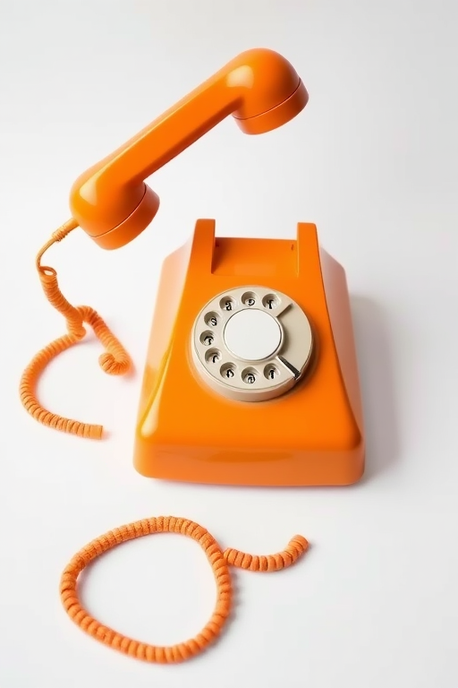 Create a high-resolution image of a vintage orange telephone with a curly cord, using a DSLR camera, 50mm lens, f/2.8 aperture, ISO 100, and natural light, focusing on a clean white background to enhance the contrast and details.