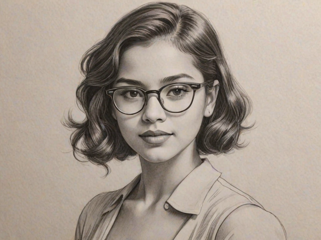 Pleasing Isabela Moner, pencil sketch, portrait of Enchanting woman 1935s in glasses, hair style beatnik, outline, clear lines, fine lines, 8k