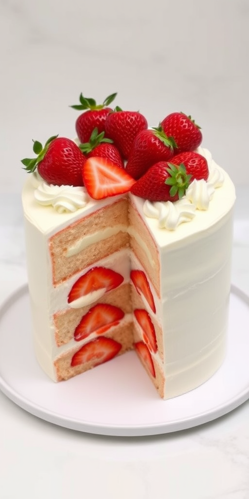 A beautifully decorated three-layer strawberry cake with whipped cream frosting and fresh strawberries on top with a slice cut out to show the inside layers filled with strawberries and cream on a white plate against a light marble background.