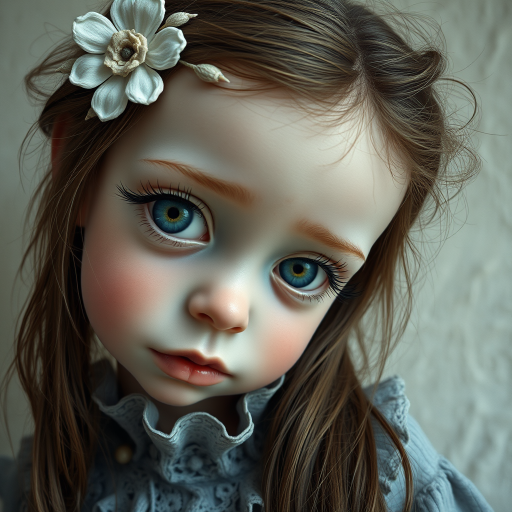 COLOR CHALK AND GRAPHITE, MACRO, WHIMSICAL CHILD,  PORCELAIN SKIN, VERY BIG GREY-BLUE EYES LOOKING DOWN WITH EXTREMELY LONG EYELASHES, SMALL MOUTH,  STRINGY AND MESSY BROWN HAIR with a flower, grey frilly lace collar, sad. The background should be textured and neutral in color to make the subject stand out. Orton effect, surreal, style of Nicoletta Ceccilo