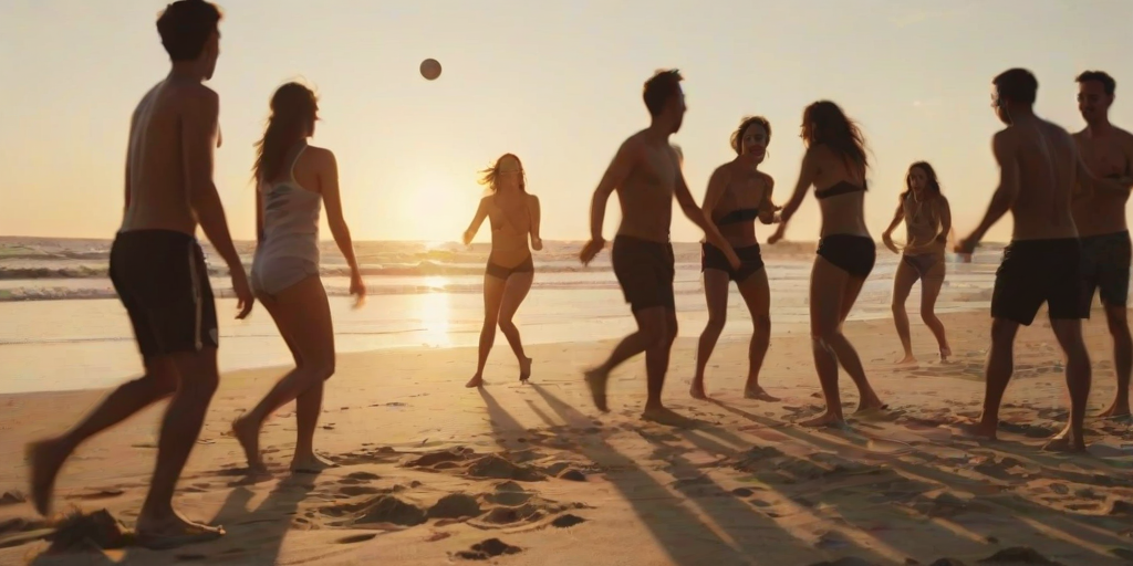 Blurry, candid photo of a group of friends playing volleyball on a beach at sunset, the ball mid-flight, distant waves crashing on the shore, and the golden light of the setting sun casting long shadows on the sand.