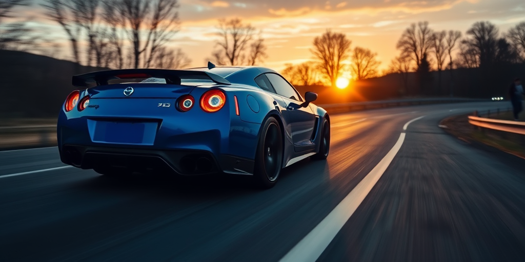 regenerate the image of a blue sports car driving on a curvy road at sunset with dramatic lighting, use a DSLR camera, 50mm lens, aperture set to f/2.8, ISO 100, shutter speed 1/250s, low angle view, shallow depth of field to emphasize the car and blur the background