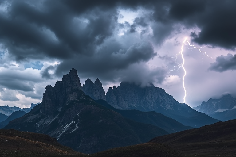 Create a dramatic landscape scene featuring towering mountains under a stormy sky with a lightning strike illuminating the foreground, captured with a Canon EOS R5 camera, 24mm lens, aperture f/8, shutter speed 1/125s, ISO 100, in a vibrant HDR style with cinematic lighting.