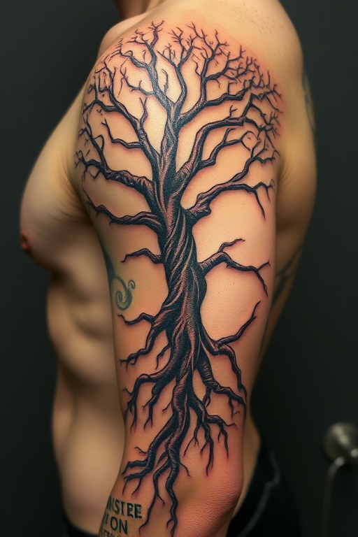Surrealist tattoo blending elements of nature and human anatomy, showcasing a tree with branches morphing into veins and arteries, called "Organic Fusion"