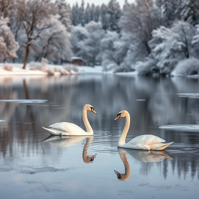 Create a serene winter landscape featuring two elegant swans gliding on a calm, icy lake surrounded by snow-covered trees, captured with a DSLR camera at f/5.6, 1/250 sec, ISO 100, using a 50mm lens for shallow depth of field and vibrant colors.