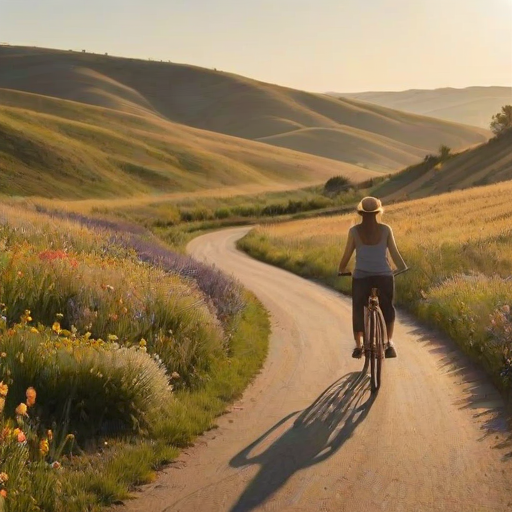 Dusty rural road winding through rolling hills, a woman rides a bicycle down the lane, her basket filled with wildflowers, with the late afternoon sun casting long shadows.