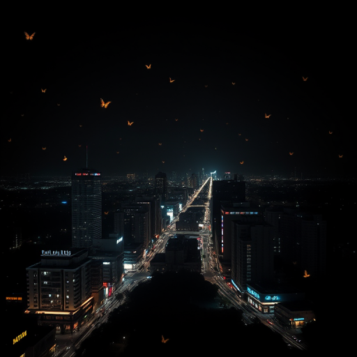stylish,no humans,city light,black theme,dim lighting,high contrast,night sky,matserpiece,absurdres,depth of field,butterflies,extremely aesthetic,viloet theme,absurdres,wallpaper,panorama,