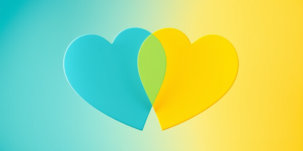 Create a high-resolution digital artwork of two heart shapes intertwined, one in soft blue and the other in warm yellow, using a DSLR camera with a 50mm lens, f/1.8 aperture, 1/200s shutter speed, and natural lighting for a crisp and vibrant look.
