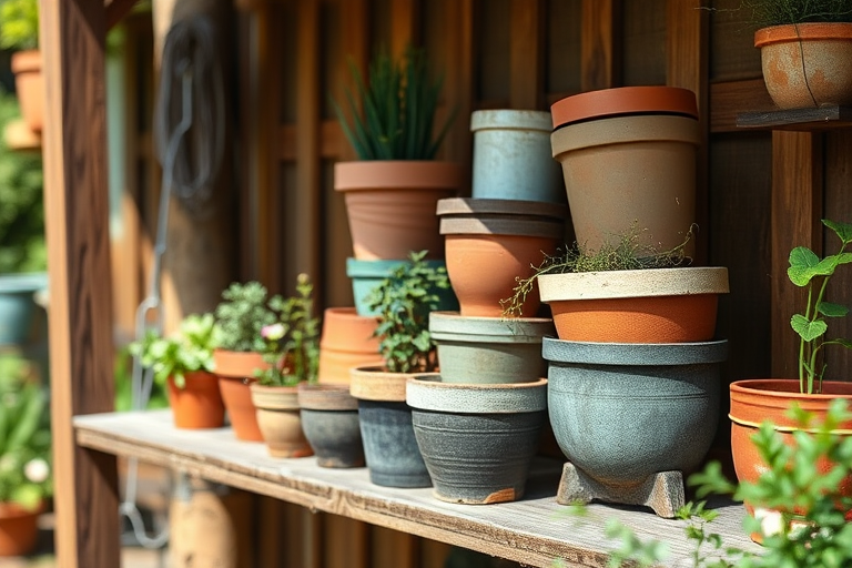 a rustic stack of various plant pots arranged on a wooden shelf in a garden setting, natural light, shallow depth of field, aperture f/2.8, ISO 100, shutter speed 1/250s, DSLR camera, 35mm lens