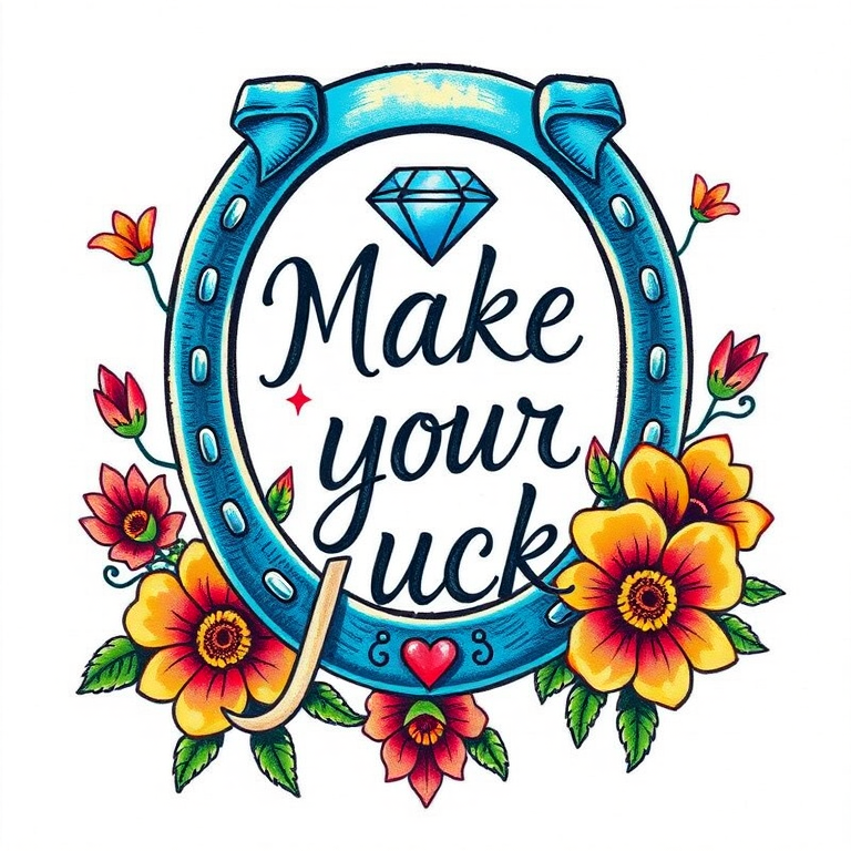 Create a vibrant tattoo design featuring a blue horseshoe, diamond, and colorful flowers with the phrase "Make your Luck" in detailed lettering, captured with a DSLR camera at f/2.8, ISO 100, 50mm lens, top-down view, natural lighting to enhance colors and sharpness.