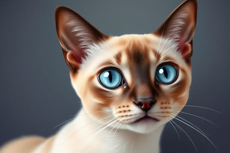 Create a high-resolution illustration of a Siamese cat with striking blue eyes, focusing on detailed facial features and gradient background; use a digital illustration style, shot from a close-up view, with soft lighting for enhanced depth and texture.