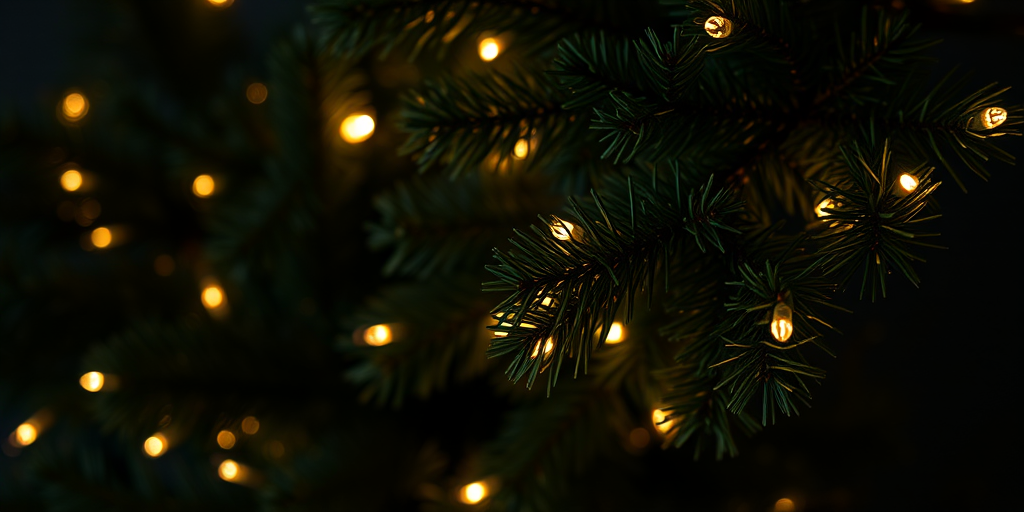 Create an image of a close-up view of evergreen branches adorned with soft glowing lights in a dark background creating a warm and festive atmosphere.