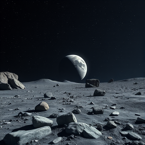 Generate a high-resolution image of a distant planet viewed from a rocky lunar surface with a starry background, using a DSLR camera at f/8 aperture, ISO 100, 30 seconds exposure, 24mm lens, capturing a wide-angle perspective with enhanced color saturation and contrast.