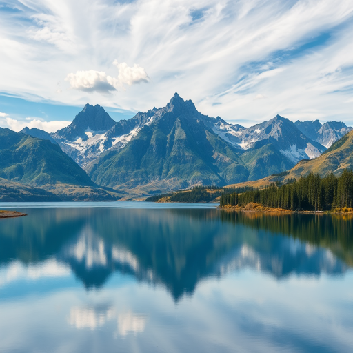 Create a high-resolution digital illustration of a serene landscape with mountains in the background, a calm lake in the foreground reflecting the blue sky, captured with a Canon EOS R5, 24mm f/1.4 lens, ISO 100, aperture set to f/8, with HDR settings to enhance the dynamic range and vibrancy.
