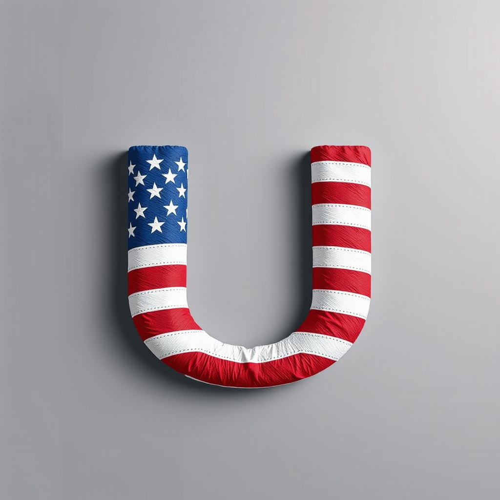 Create a high-resolution image of a large letter U filled with the American flag design, taken with a DSLR camera using a 50mm lens at f/2.8, 1/200 sec, ISO 100, in a flat lay style to enhance colors and textures.