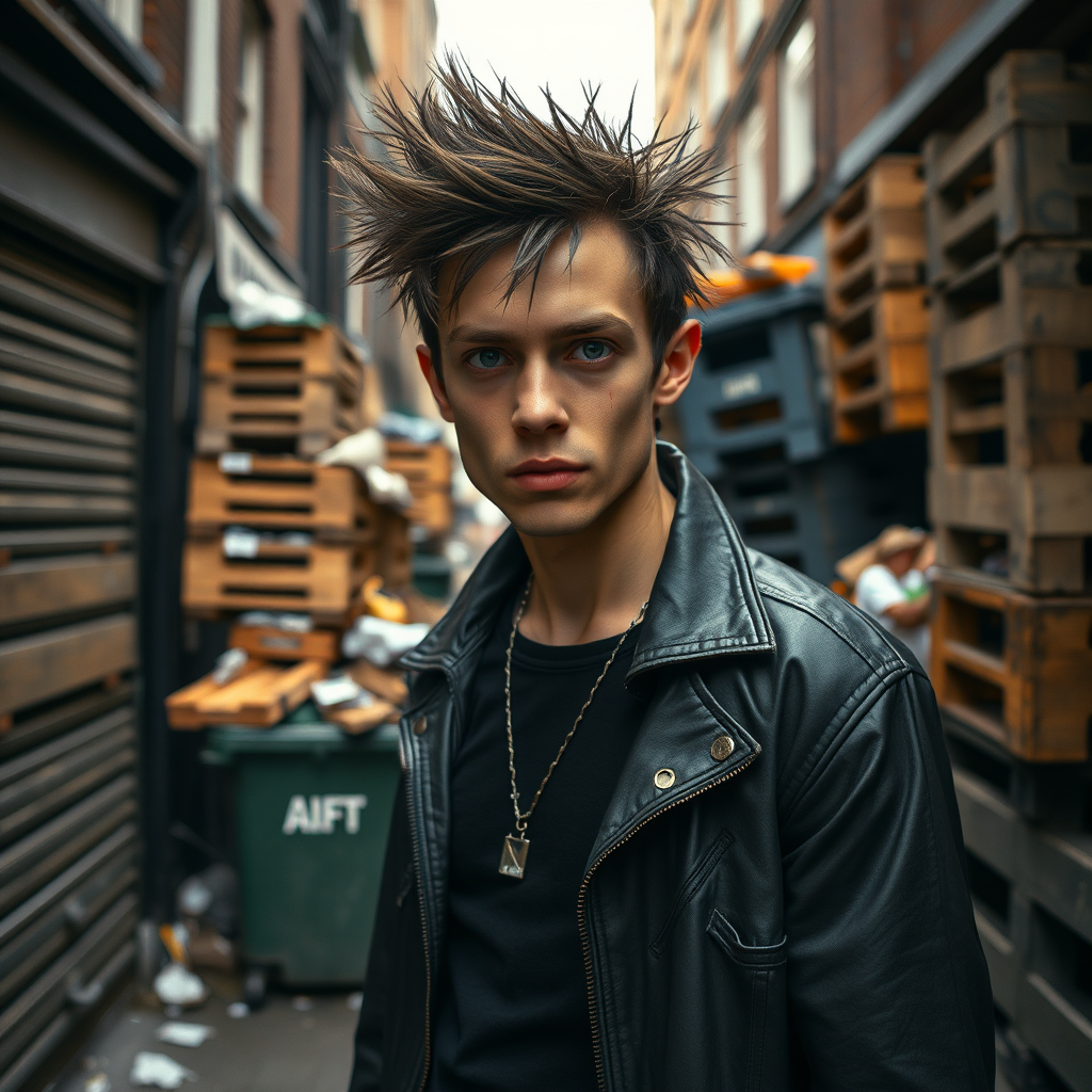 generate an ultra-realistic, highly detailed photograph of a punk. he's standing still, looking menacingly at the camera. he's in a narrow, dirty London street. there are wooden crates stacked up. overflowing rubbish bins, rubbish on the ground.