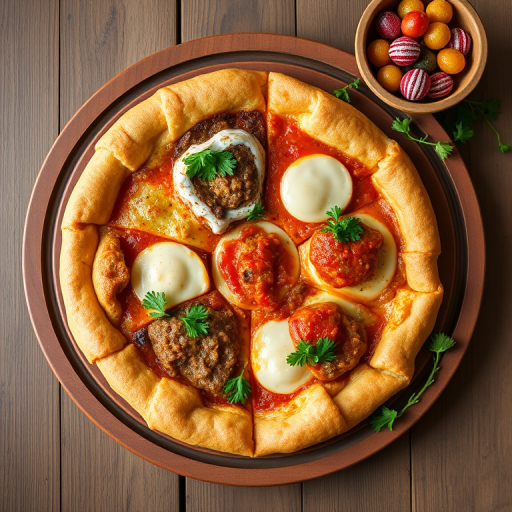 regenerate the image of a traditional Turkish pide served on a wooden platter with four different fillings including ground meat, cheese, and tomato sauce, alongside a bowl of colorful Turkish delights and garnished with fresh parsley, use a DSLR camera, 50mm lens, f/2.8 aperture, ISO 100, natural light, top-down view for enhanced clarity and color vibrancy