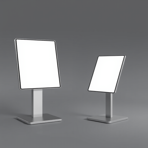 create a simple display stand with a blank screen, featuring a modern design and a sturdy base, suitable for showcasing information or advertisements