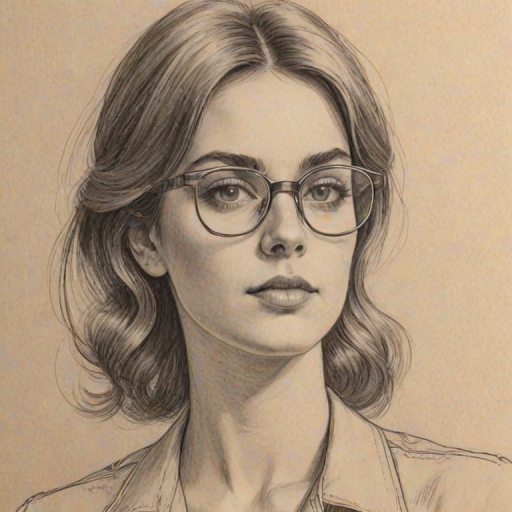 Captivating Amelia Gray Hamlin, pencil sketch, portrait of Fascinating woman 1970s in glasses, hair style beatnik, outline, clear lines, fine lines, 8k
