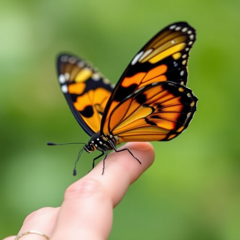 Generate an image of a colorful butterfly perched on a person's finger. The butterfly should have striking black, yellow, and orange patterns on its wings. The background should be a soft, blurred green, suggesting a natural outdoor setting. The focus should be on the butterfly and the hand, capturing the delicate details of the wings and the gentle interaction with nature.