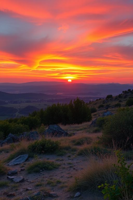 Create a high-resolution image of a scenic landscape during sunset with vibrant colors, using a DSLR camera with a 50mm lens, aperture set at f/2.8, ISO 100, and a shutter speed of 1/125 seconds, capturing a wide-angle view to enhance the background details.