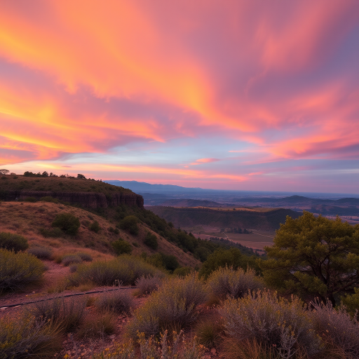 Capture a high-resolution image of a scenic landscape at sunset with a Canon EOS R5, 24mm lens, f/8 aperture, ISO 100, 1/200s shutter speed, wide-angle view, using a soft focus and vibrant colors to enhance the warm tones of the sky.