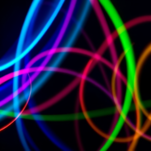 Create an abstract image of colorful light trails on a black background with vibrant blue, pink, green, and yellow hues, using a Canon EOS R5, 50mm lens, f/1.8, ISO 100, and a long exposure of 2 seconds to capture smooth motion and enhance brightness.