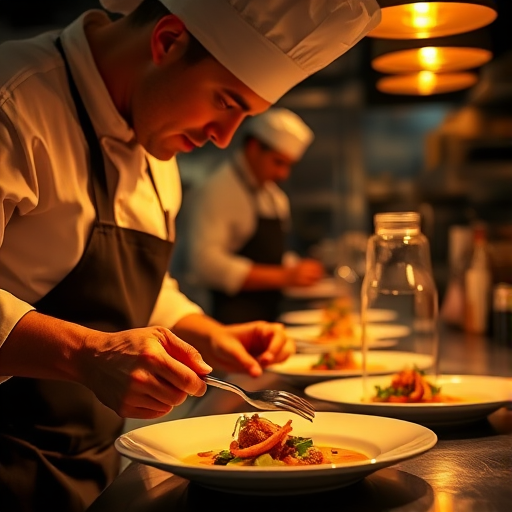 Warmly lit photo of a chef carefully plating a gourmet dish in a restaurant kitchen, soft golden light illuminating the intricate details of the food, with other chefs blurred in the background.