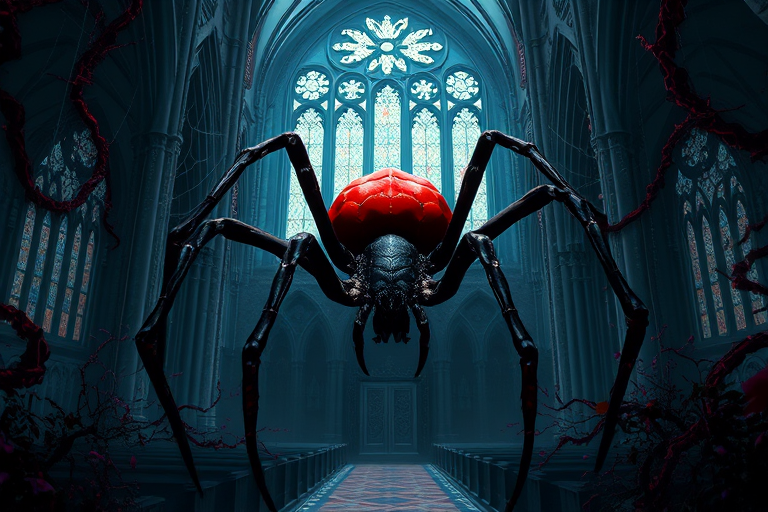 create a digital painting of a large spider with a red abdomen sitting in the center of a dark gothic cathedral, with intricate webbing and crimson vines surrounding it, use a 50mm lens, f/1.8 aperture, ISO 200, and a slight vignette effect for depth, capturing the eerie atmosphere with high contrast and deep shadows, in a hyper-realistic style