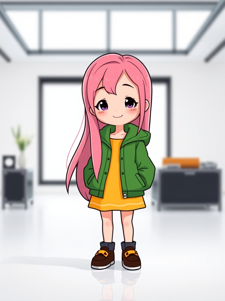 Generate a cute cartoon character with long pink hair wearing a green jacket over a yellow dress, standing with a cheerful expression, shot with a digital camera, aperture f/2.8, focal length 35mm, ISO 100, in a bright, minimalistic studio setting.