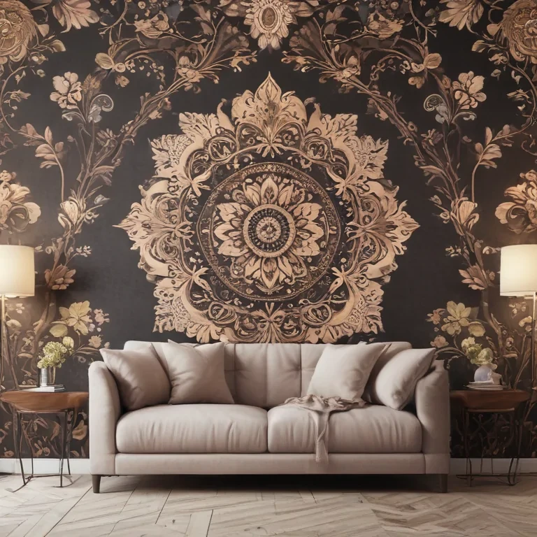 Elegant Living Room Design Featuring Intricate Floral Wallpaper and ...