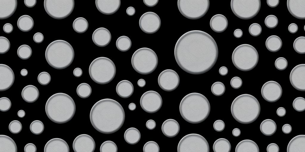 Create a seamless pattern of circles in varying sizes arranged in a gradient from small to large on a solid black background, captured with a DSLR camera at f/8 aperture, ISO 100, 24mm lens, 1/125 sec exposure, overhead view, high dynamic range to enhance detail and texture.