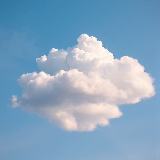 Create a vibrant, fluffy blue cloud in a clear sky with a high-resolution DSLR camera, using a 50mm lens at f/2.8, ISO 100, and a shutter speed of 1/200 sec, with a wide-angle view that captures the softness and shape of the cloud, emphasizing its vivid color against a bright background.