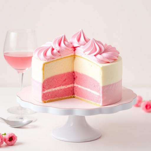 Create an image of a layered dessert with pink whipped cream on top a creamy white layer and a pink layer beneath it. The dessert is partially cut, showcasing the layers, and is served on a round cake stand. Surround the dessert with elegant glassware filled with a pink beverage. The background should be light and soft, enhancing the dessert's vibrant colors.