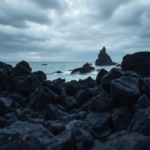 Capture a dramatic seascape featuring rugged black rocks under a cloudy sky with soft lighting, using a DSLR camera at f/8 aperture, ISO 100, 24mm focal length, and a shutter speed of 1/125 sec, shot from a low angle to enhance texture and depth.