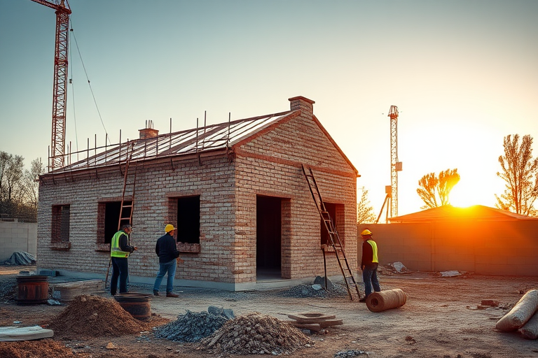 Regenerate a construction site scene with workers building a brick house, using a high-resolution DSLR camera with a 24mm lens, aperture f/8, ISO 200, in a panoramic view to capture details, during golden hour lighting for enhanced warmth and clarity.