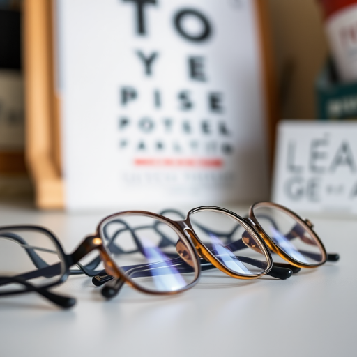 A collection of eyeglasses resting on a flat surface with an eye chart in the background, shot with a Canon EOS R5, 50mm lens, f/2.8 aperture, ISO 100, 1/60 second shutter speed, natural lighting, shallow depth of field.