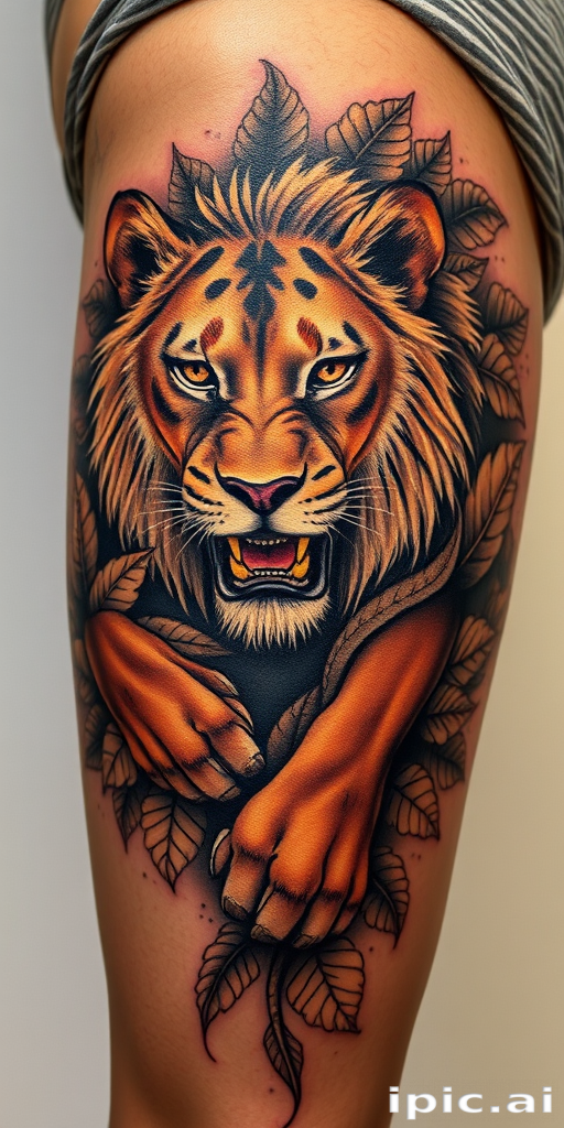 Powerful body tattoo portraying a fierce lioness emerging from lush foliage on the thigh, executed in hyper-realistic style with intricate details and rich earth tones
