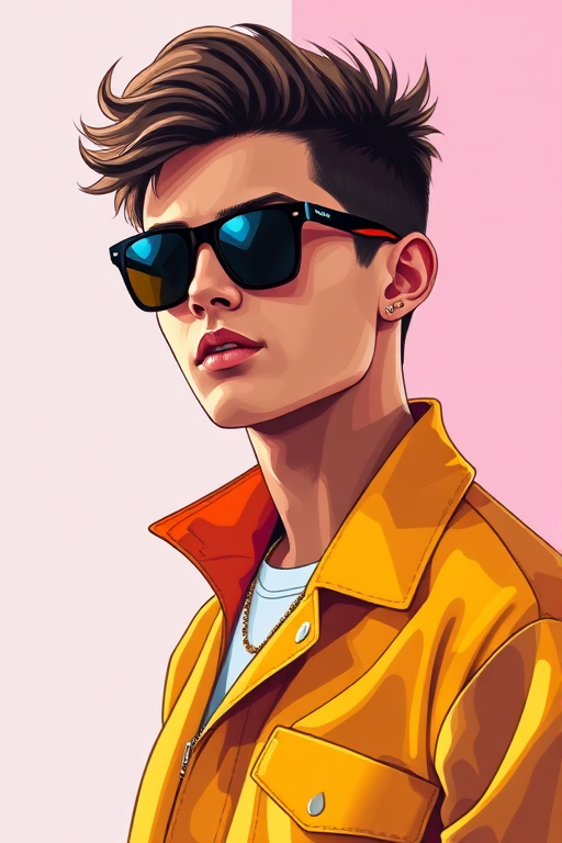 Create a vibrant digital illustration of a stylish young man wearing sunglasses and a colorful outfit, showcasing a confident pose, with a focus on bold colors and smooth lines; use a Canon EOS R5 with a 50mm f/1.2 lens at ISO 100, f/1.2, and a shutter speed of 1/200s for sharp detail and vibrant hues.