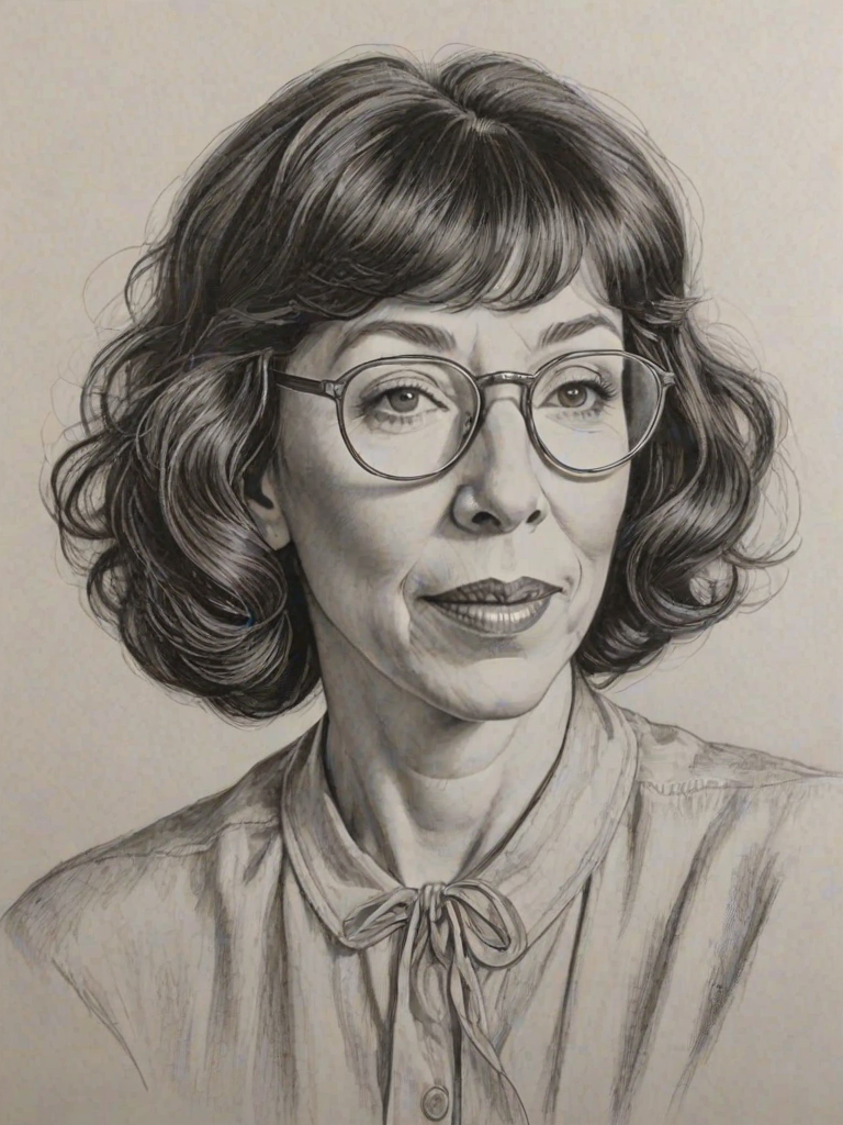 Graceful Lily Tomlin, pencil sketch, portrait of Stunning woman 1922s in glasses, hair style beatnik, outline, clear lines, fine lines, 8k