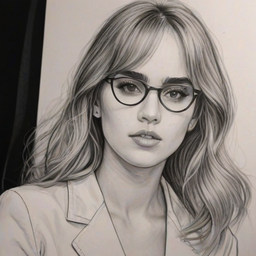 Exquisite Suki Waterhouse, pencil sketch, portrait of Elegant woman 1966s in glasses, hair style beatnik, outline, clear lines, fine lines, 8k