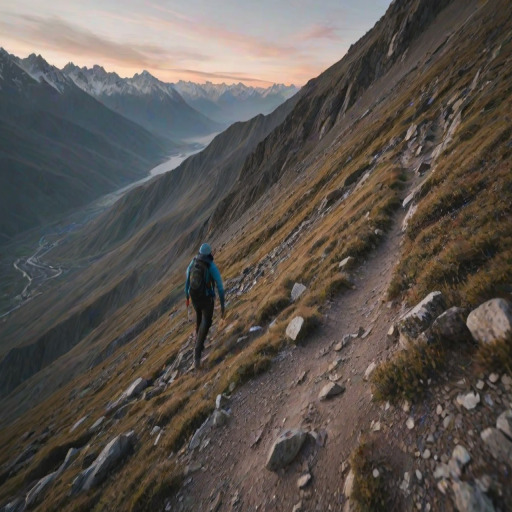 Blurry action shot of a hiker climbing a steep mountain trail at dawn, soft focus on the distant snow-capped peaks, with a feeling of adventure and determination filling the air.